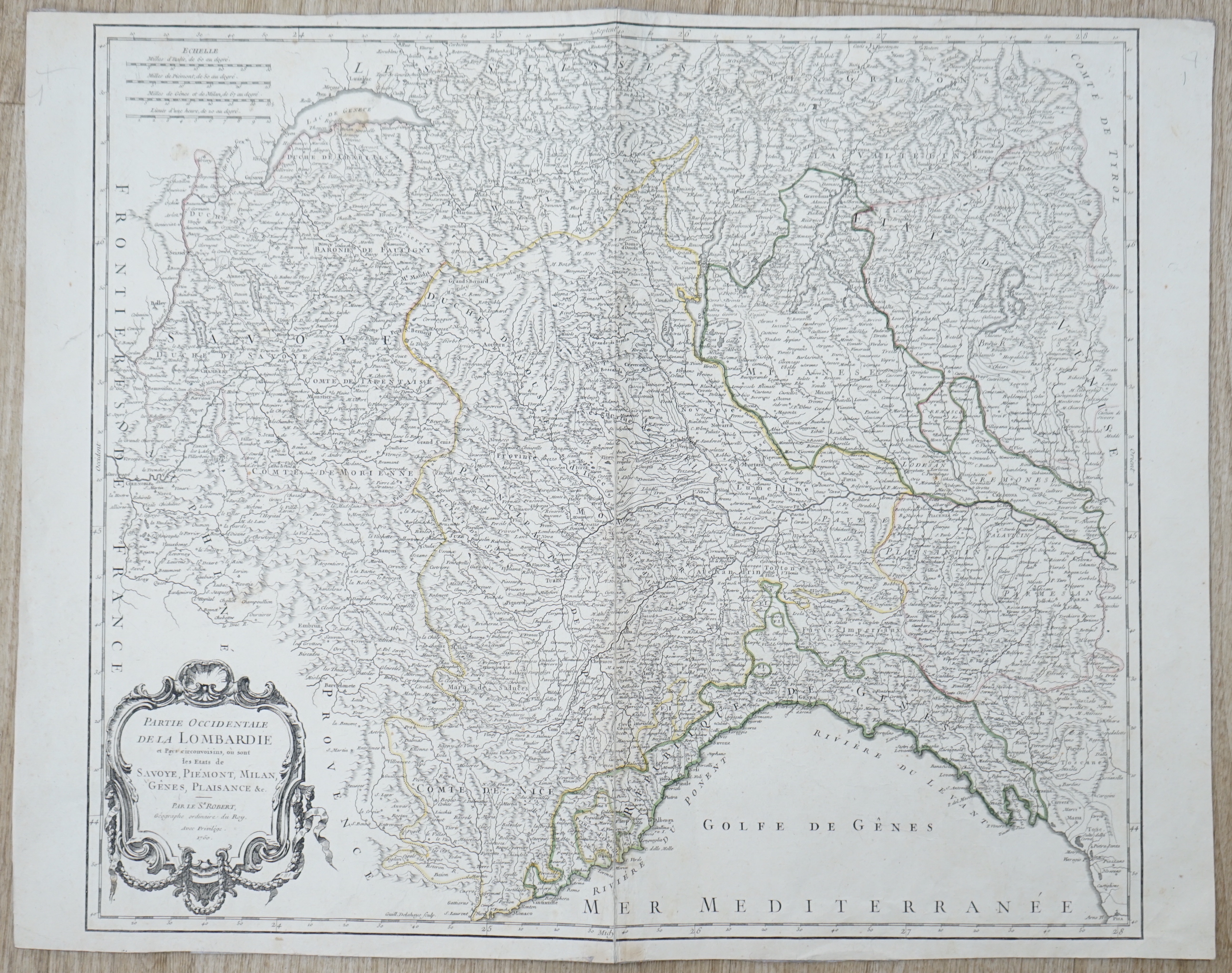 18th century hand coloured map of Italy publ. 1794 by Laurie & Whittle together with a French map of the Gulf of Venice and Lombardy by R de Vaugondy, unframed, (3) largest 68 x 51cm